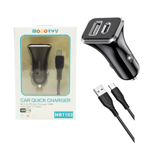 Carregador de Coche QC3,0+PD Modorwy MA1103 com Tipo C cabo 5V 2,4A 18W Preto